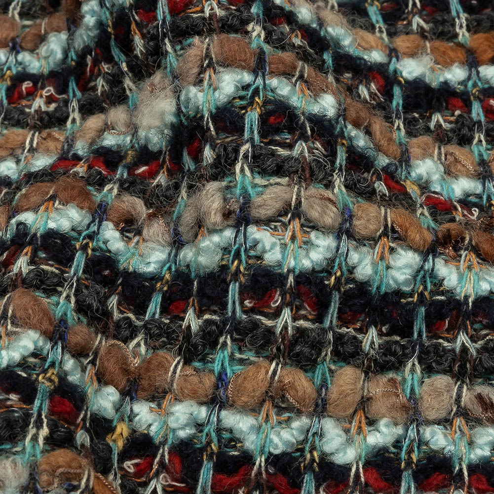 Tan, Baby Blue and Red Striped Chunky Boucle Sweater Knit