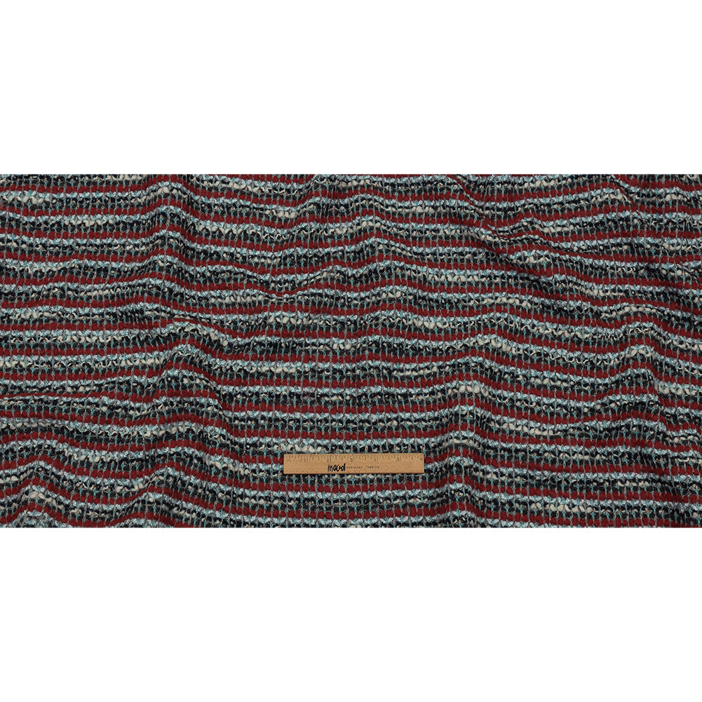 Red, Baby Blue and Charcoal Striped Chunky Wool Blend Boucle Sweater Knit