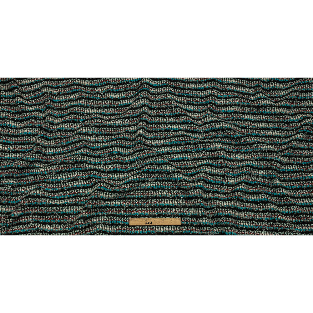 Turquoise, Charcoal and Red Boucle Stripes Chunky Wool Blend Sweater Knit
