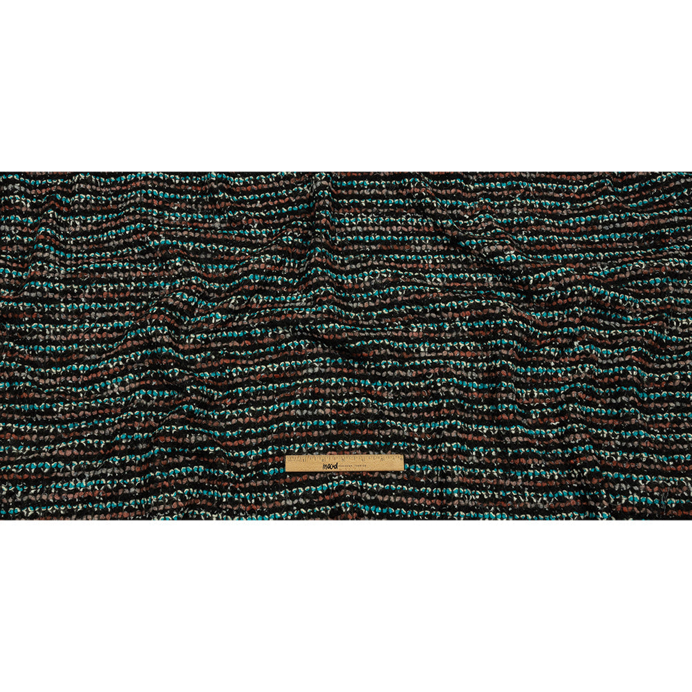 Russet, Turquoise and Black Boucle Stripes Chunky Wool Blend Sweater Knit