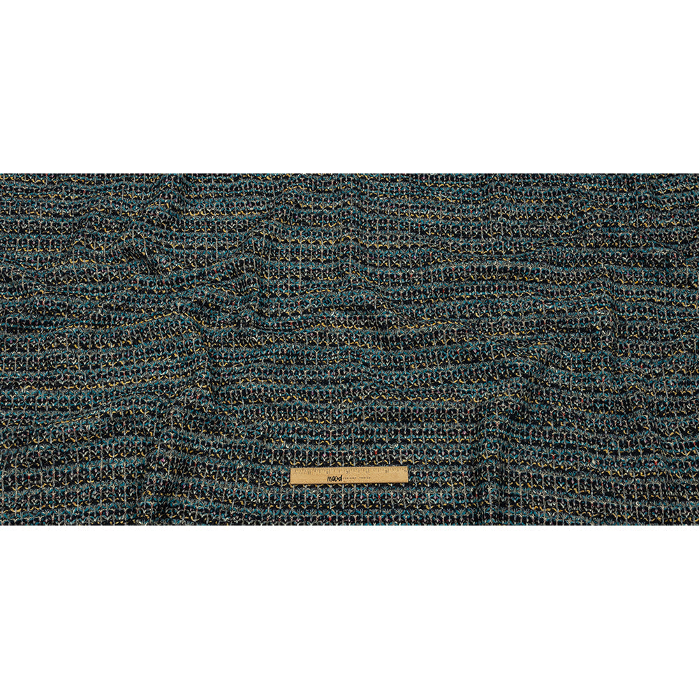Teal, Yellow and Navy Boucle Stripes Chunky Wool Blend Sweater Knit