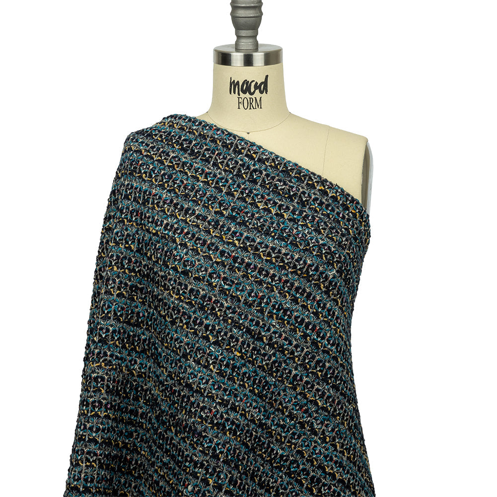 Teal, Yellow and Navy Boucle Stripes Chunky Wool Blend Sweater Knit