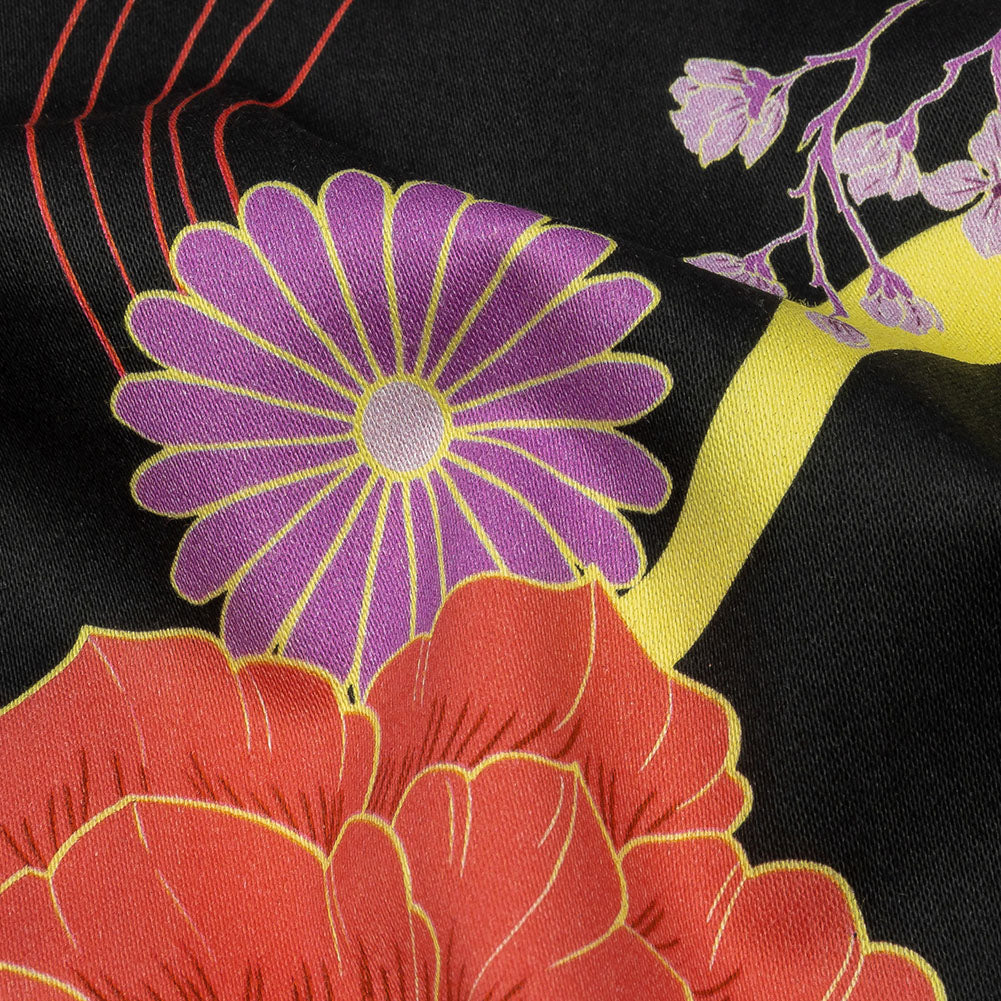 Stretch Cotton Sateen - Black, Red and Purple Floral - Japanese Daydreams Print - Mood Exclusive Groove Collection