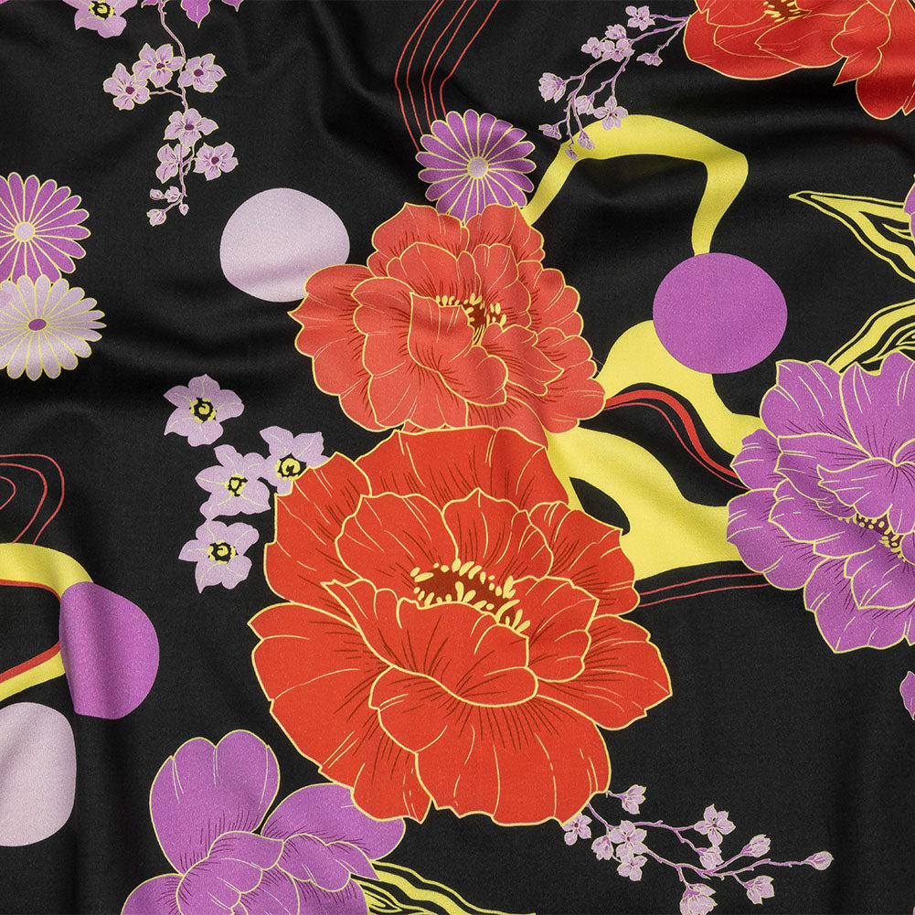 Stretch Cotton Sateen - Black, Red and Purple Floral - Japanese Daydreams Print - Mood Exclusive Groove Collection