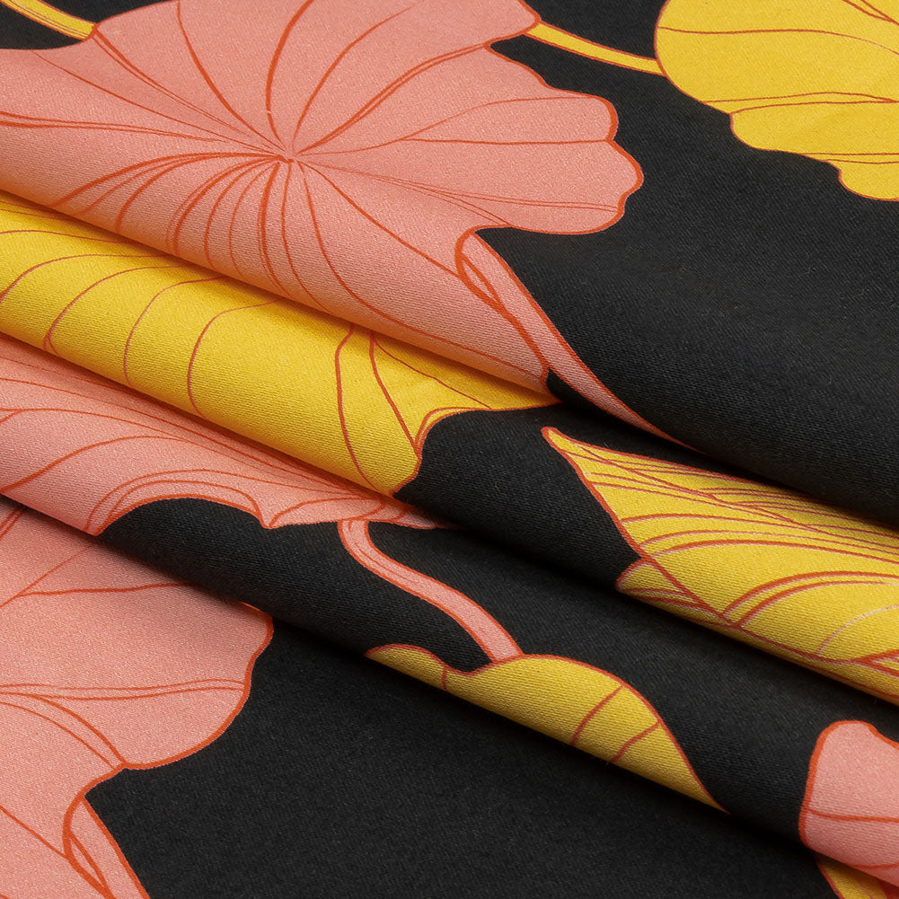 Stretch Cotton Sateen - Black, Pink and Yellow Floral - Valley of Lilies Print - Mood Exclusive Groove Collection