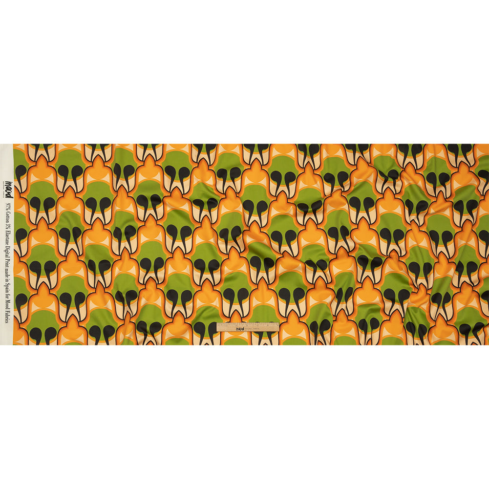 Stretch Cotton Sateen - Green and Orange Abstract - Bohemian Bells Print - Mood Exclusive Groove Collection