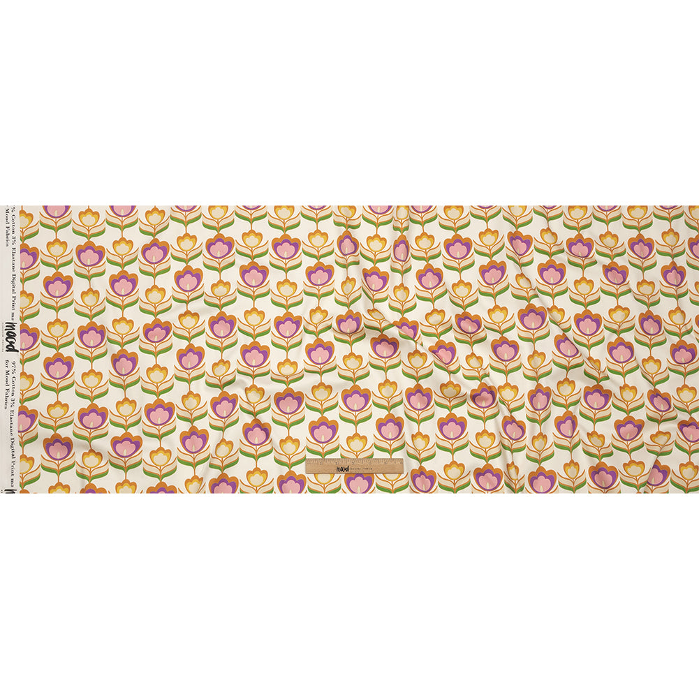 Stretch Cotton Sateen - Ivory, Pink and Yellow Floral - Tulip Twist Print - Mood Exclusive Groove Collection