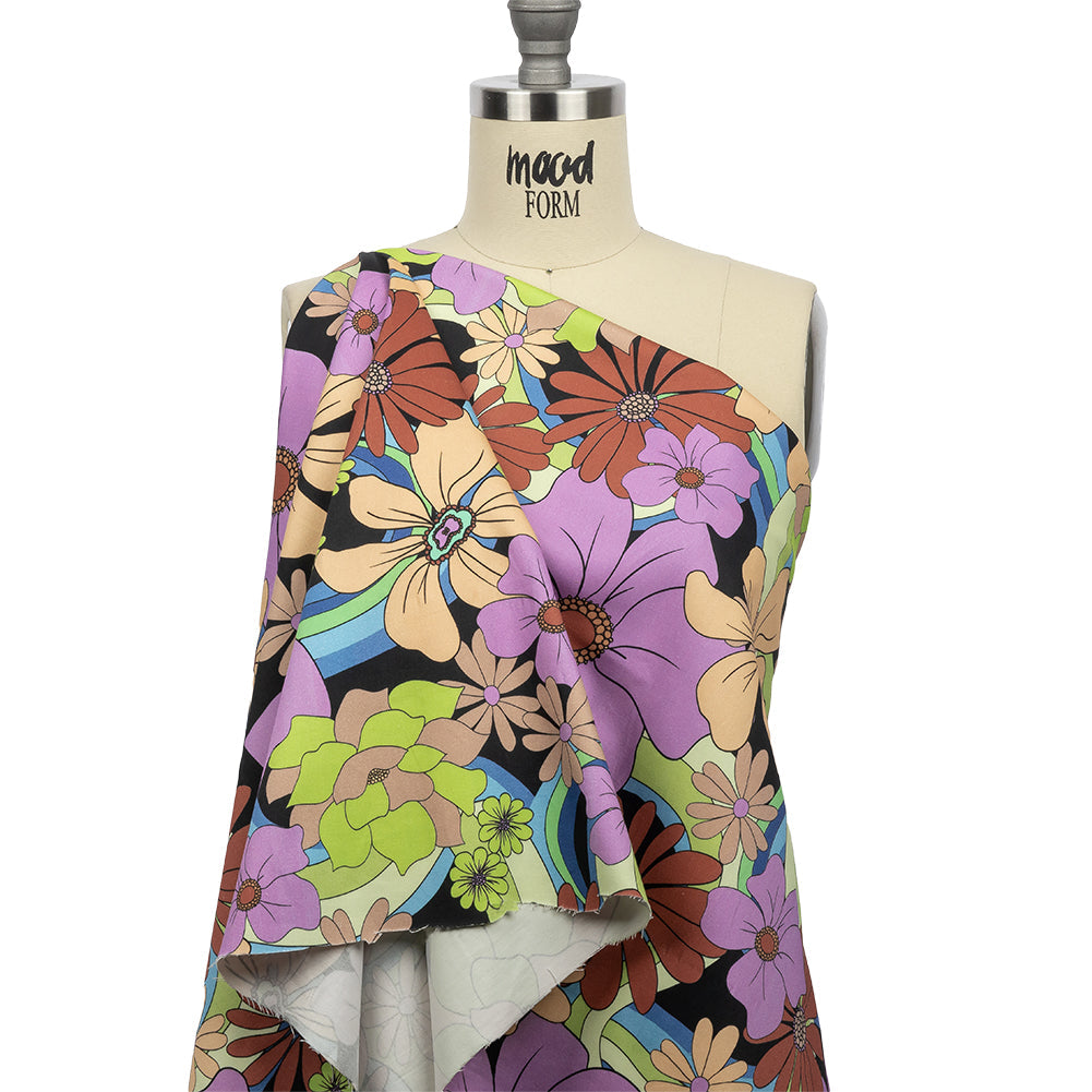 Stretch Cotton Sateen - Black, Beige and Purple Floral - Fanciful Flourish Print - Mood Exclusive Groove Collection