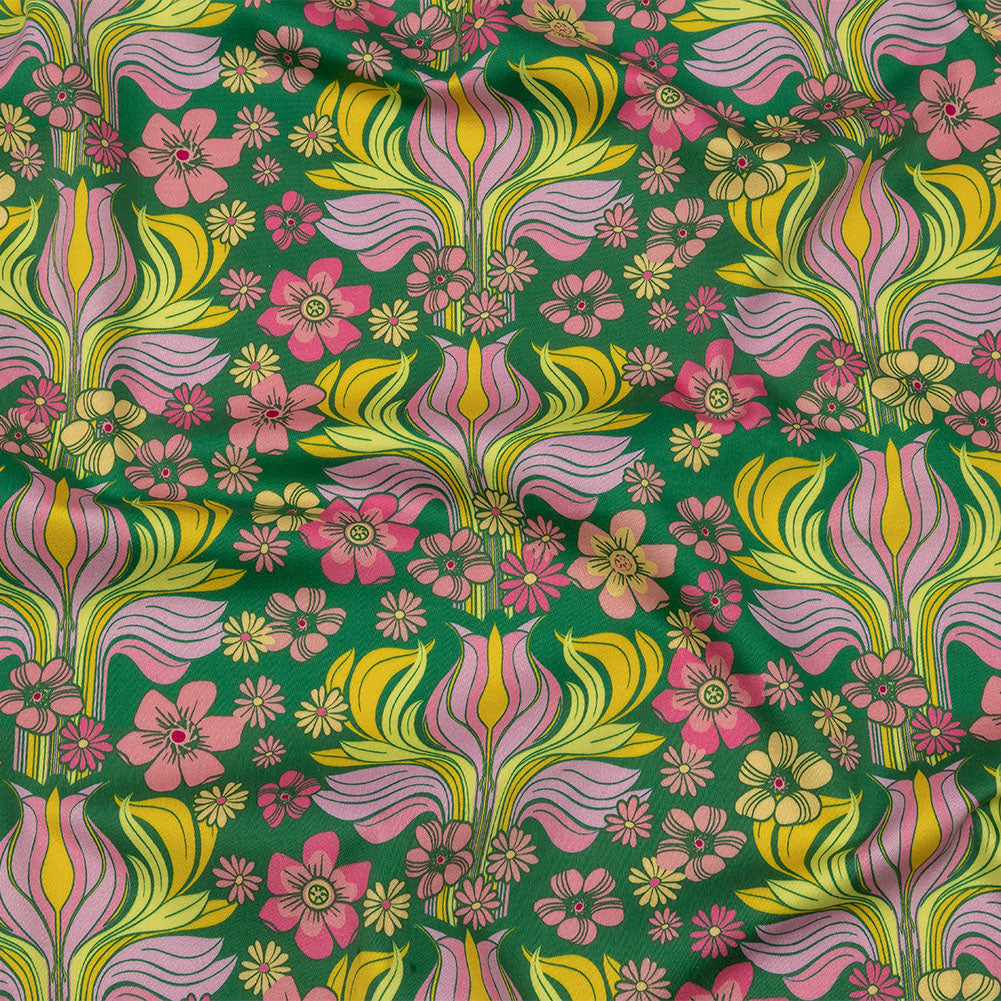 Stretch Cotton Sateen - Green Floral Rows - Flower Shower Print - Mood Exclusive Groove Collection