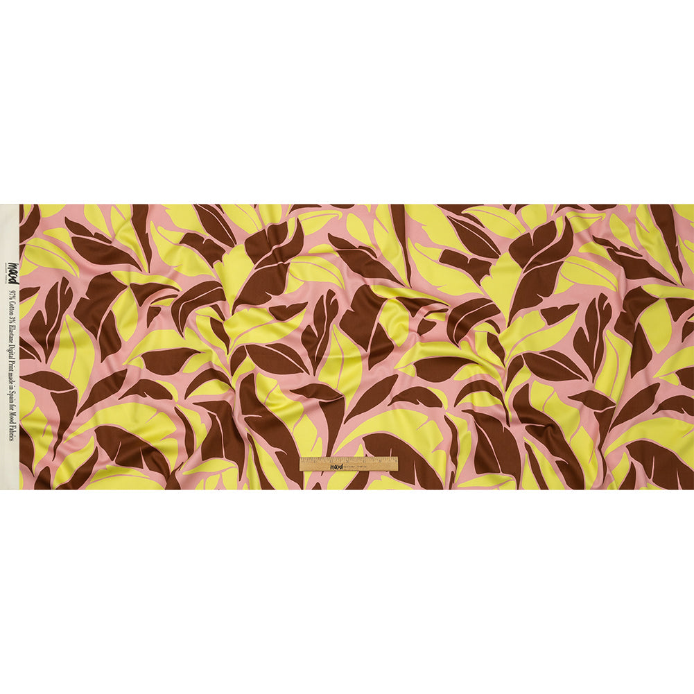 Stretch Cotton Sateen - Pink and Yellow Leaves - Flying Swirls Print - Mood Exclusive Groove Collection