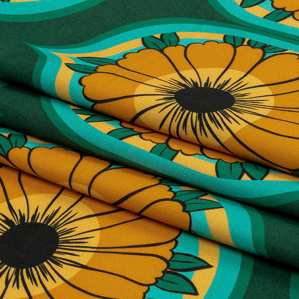 Stretch Cotton Sateen - Yellow and Teal Floral Ogees - Sunrise Divine Print - Mood Exclusive Groove Collection