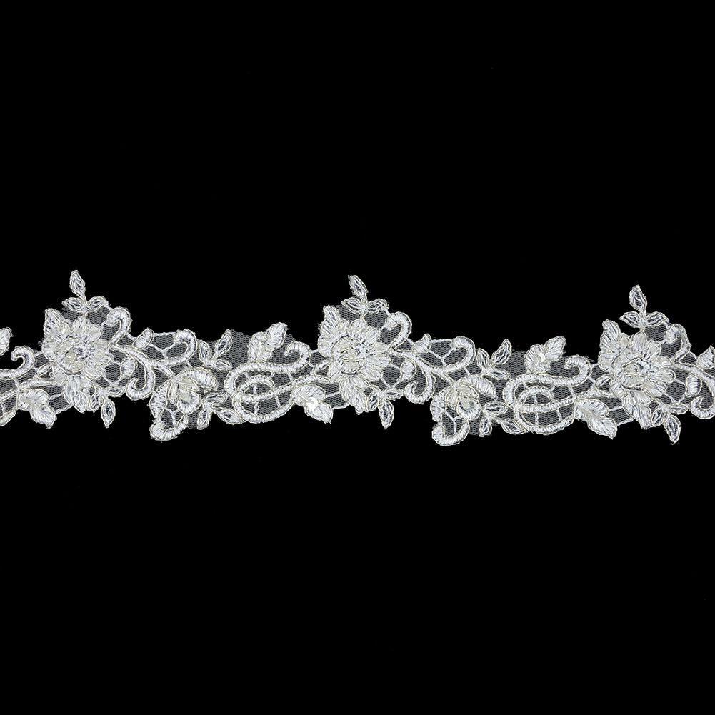 White Floral Beaded Bridal Lace Trim with Metallic Silver Cording - 2.5"