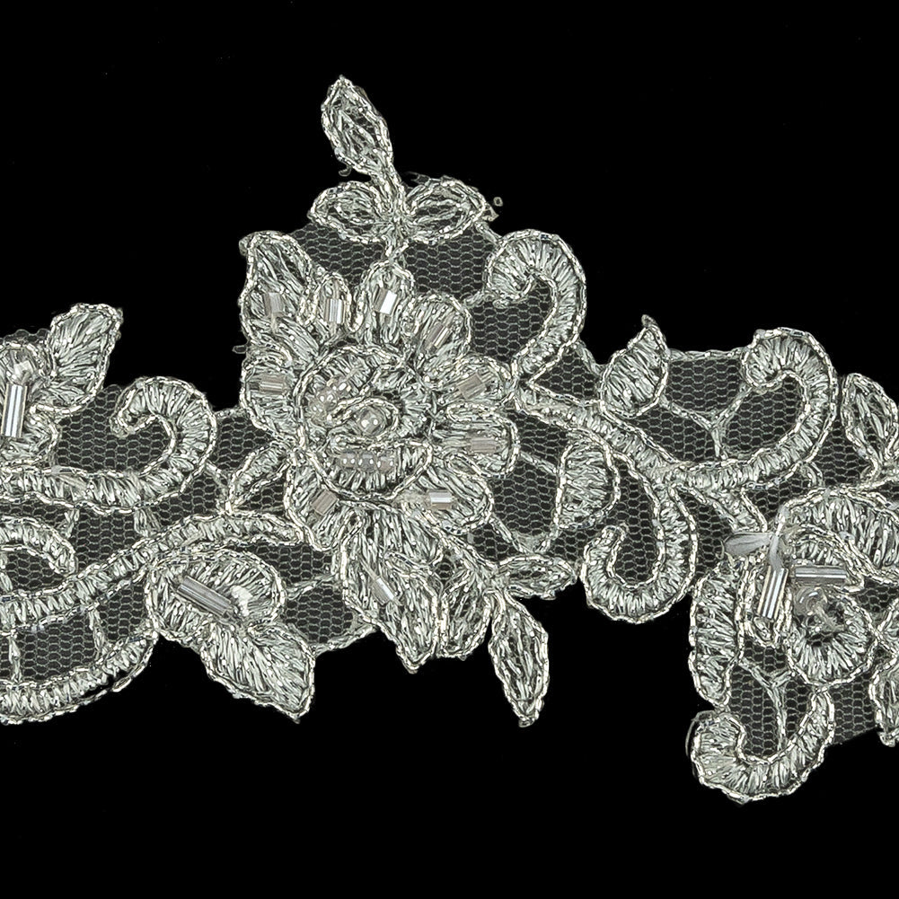 Silver Floral Beaded Bridal Lace Trim with Silver Cording - 2.5"