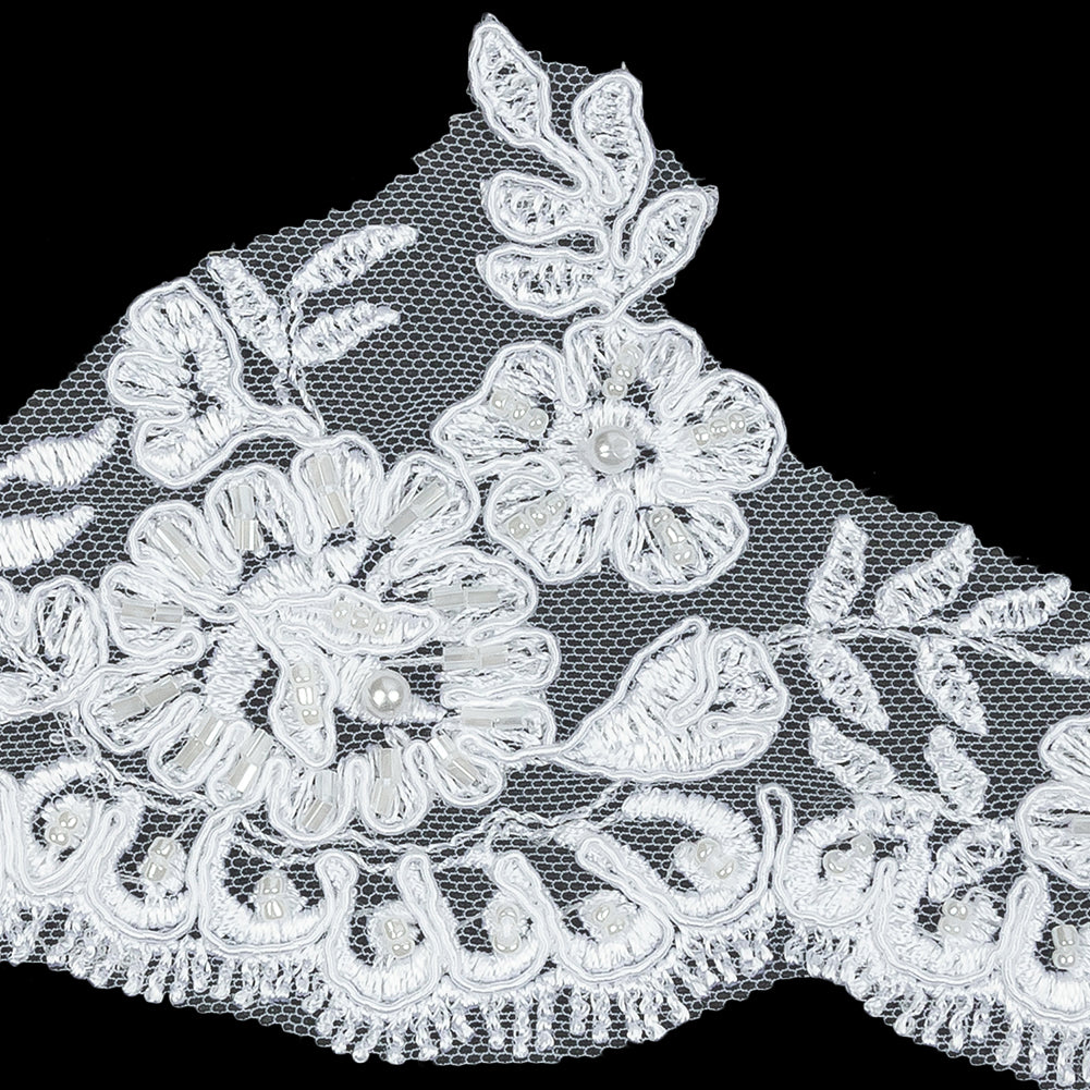 White Scalloped Floral Beaded and Corded Bridal Lace Trim - 3.5"