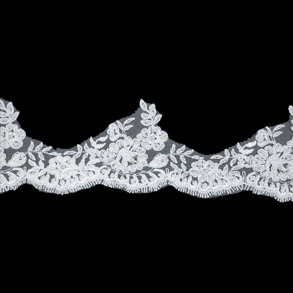 White Scalloped Floral Beaded and Corded Bridal Lace Trim - 3.5"