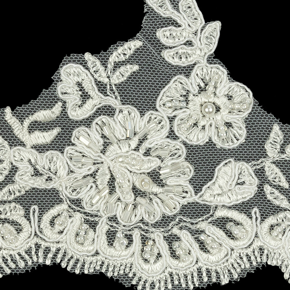 Off White Scalloped Floral Beaded and Corded Bridal Lace Trim - 3.5"