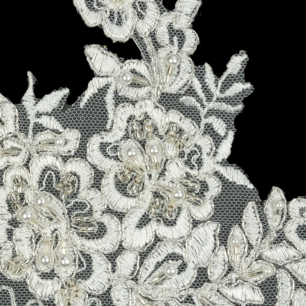 Off White and Silver Floral Scalloped Beaded and Corded Bridal Lace Trim - 5.5"