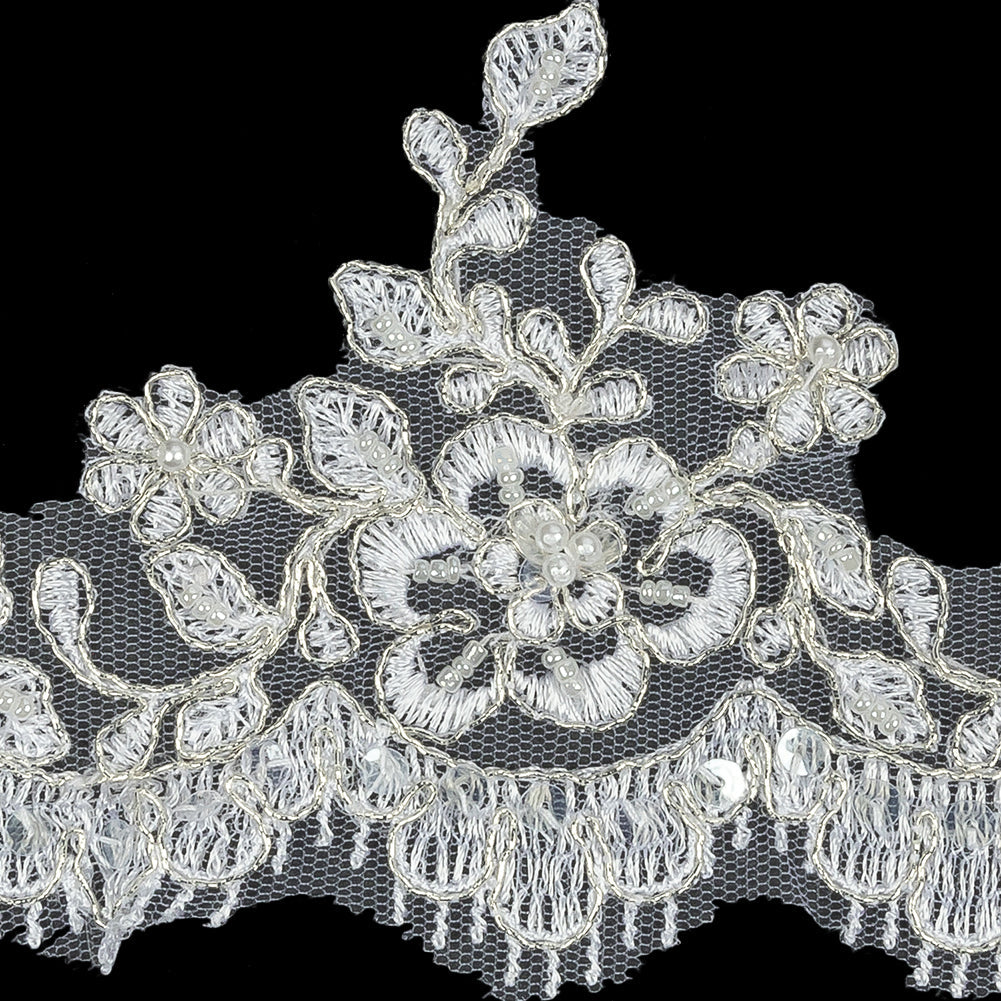 White and Metallic Silver Floral and Fringed Scallops Corded Bridal Lace Trim with Faux Pearl Beads - 3.5"