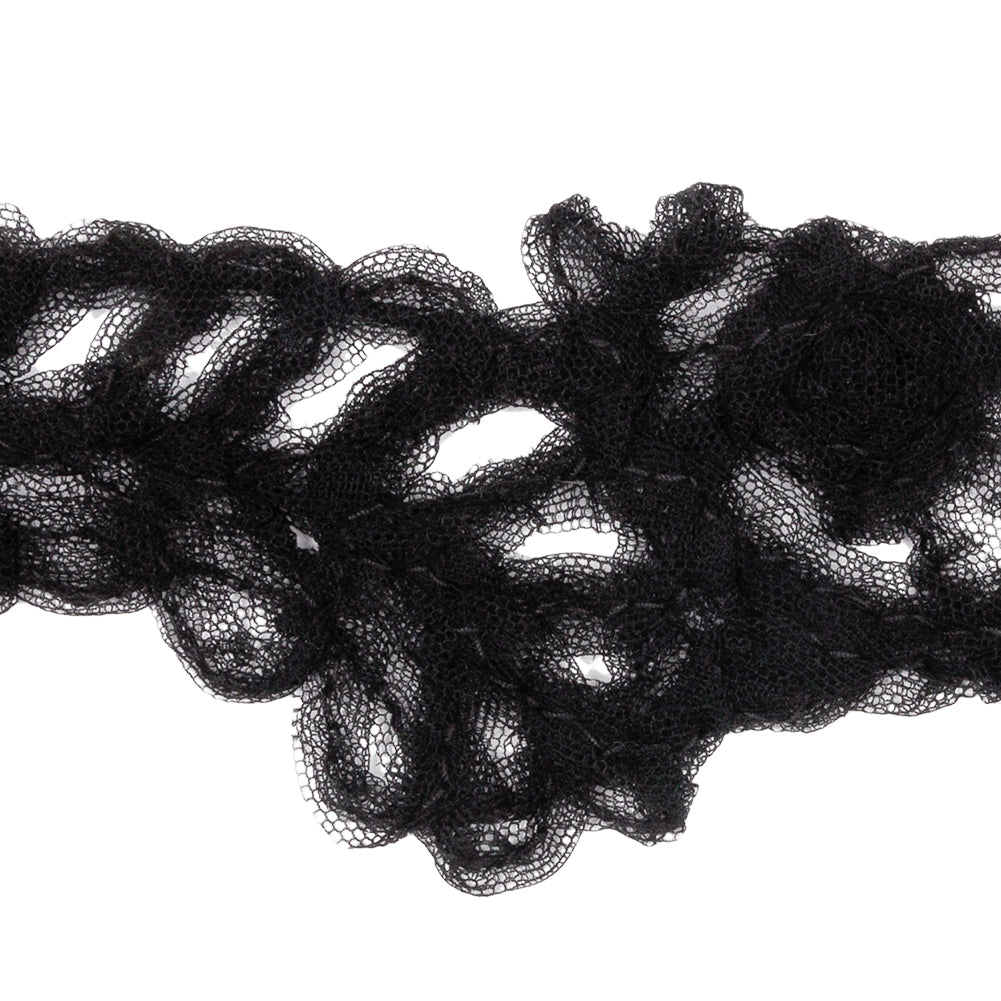 Famous NYC Designer Black Floral Vines Ruffled Tulle Lace Trim - 2.75"