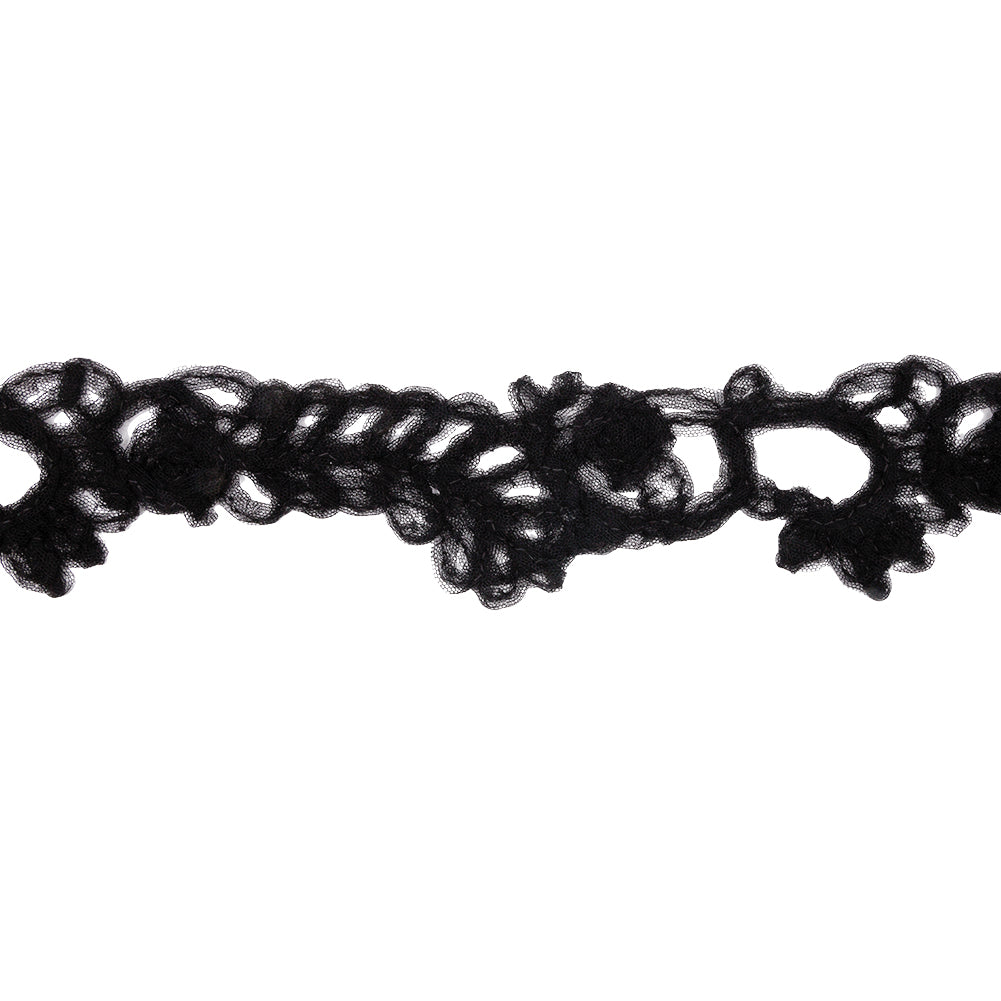 Famous NYC Designer Black Floral Vines Ruffled Tulle Lace Trim - 2.75"