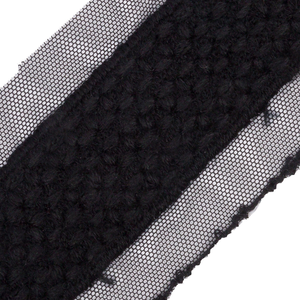 Black Little Circles Wool Embroidered Lace Trim on Mesh Ground - 1.375"