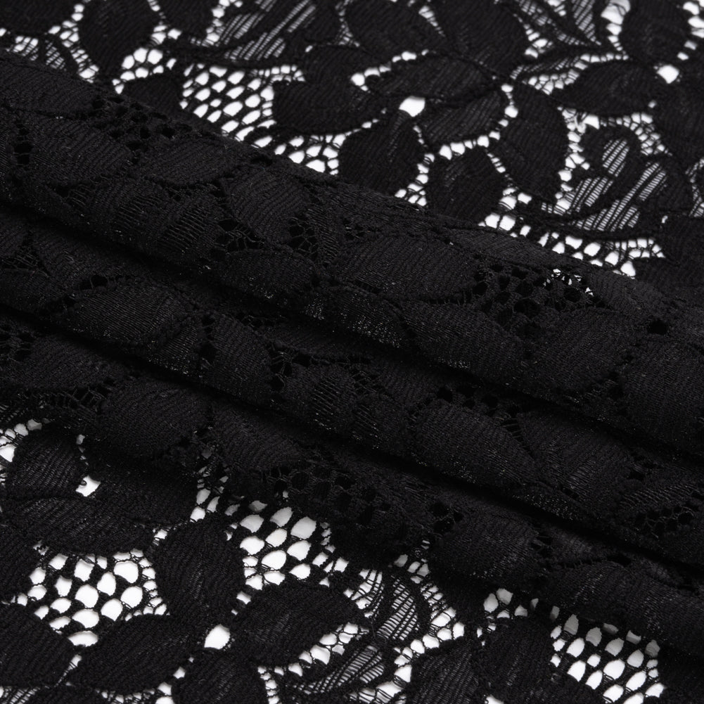Shimmering Black Floral Stretch Lace Trim with Scalloped Edges - 11.25"