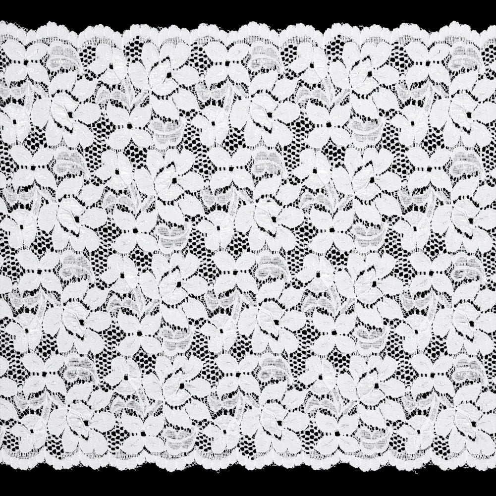 Shimmering White Floral Stretch Lace Trim with Scalloped Edges - 11.25"