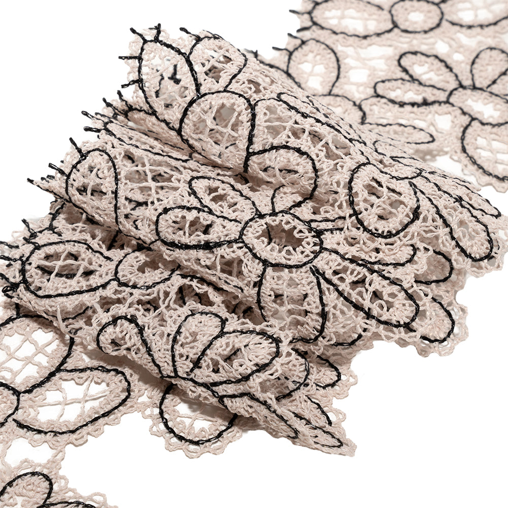 Vanilla and Black Floral Outlines Lace Trim - 3.125"