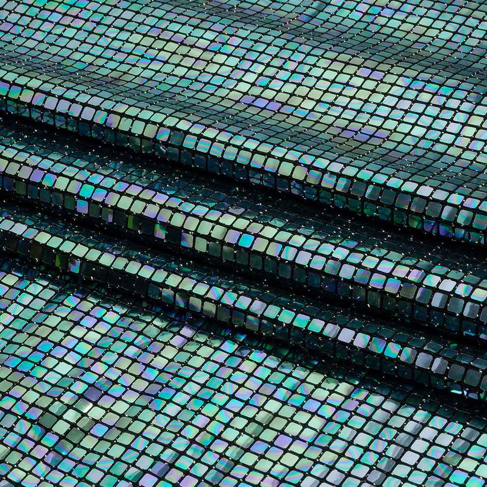Blue Oil Slick and Black Squares Foiled Stretch Nylon Knit