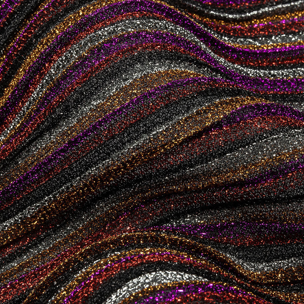 Pleated Polyester Knit - Pink, Silver and Gold Metallic Stripes