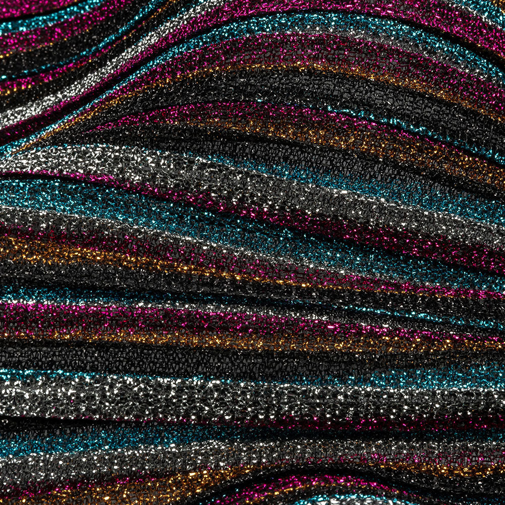 Pleated Polyester Knit - Turquoise, Pink and Silver Metallic Stripes