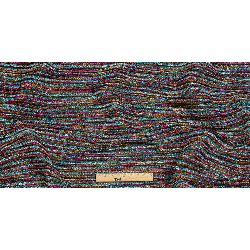Pleated Polyester Knit - Turquoise, Pink and Silver Metallic Stripes