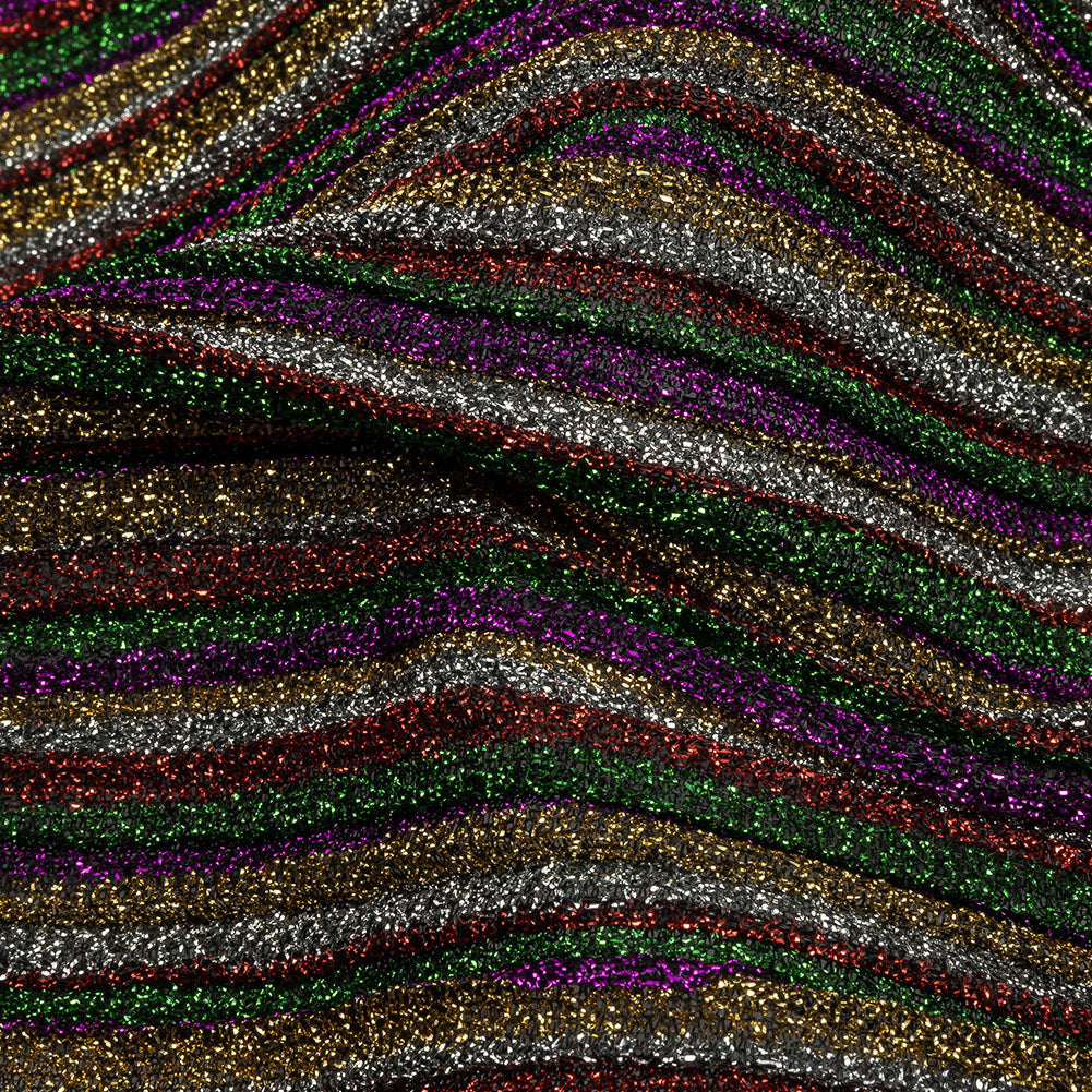 Pleated Polyester Knit - Purple, Green and Red Metallic Stripes