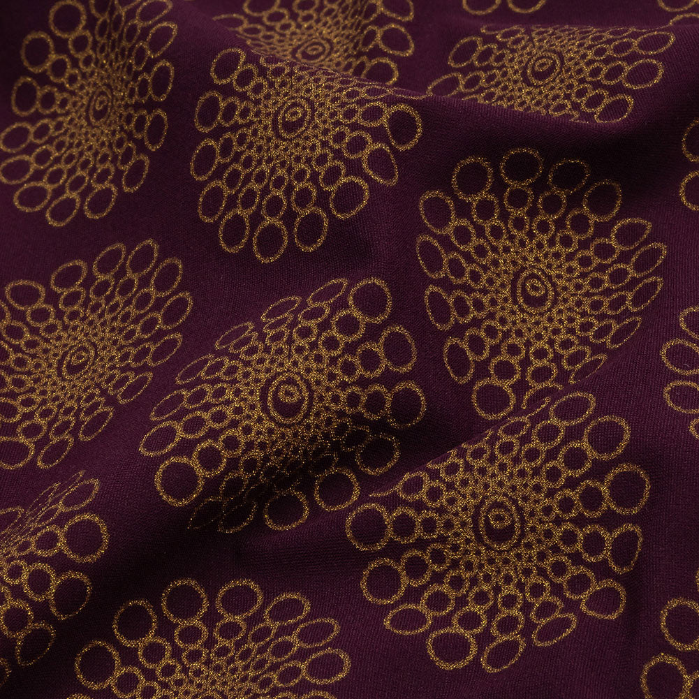Italian Grape and Metallic Dark Gold Floral Circles Stretch Nylon Jersey