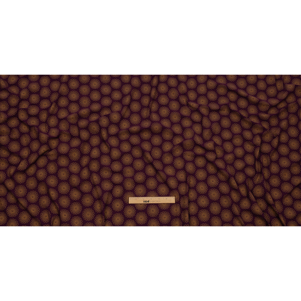 Italian Grape and Metallic Dark Gold Floral Circles Stretch Nylon Jersey