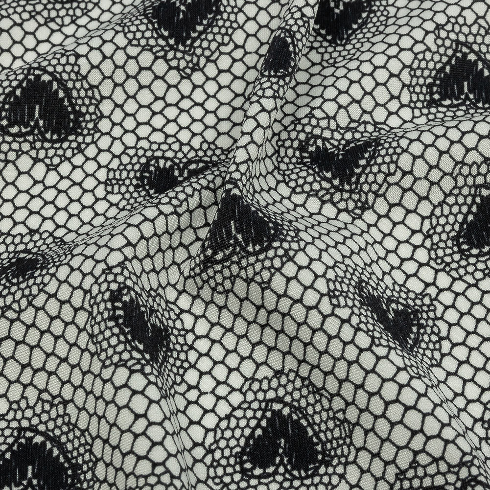 Italian White and Black Lace Hearts Stretch Nylon Jersey