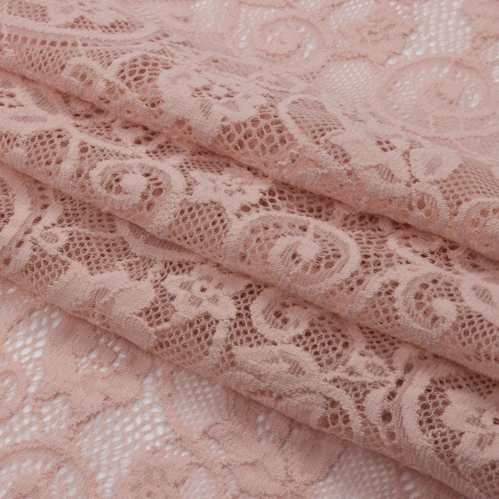 Blush Floral Scrolls Stretch Lace Trim with Scalloped Edges - 6.25"