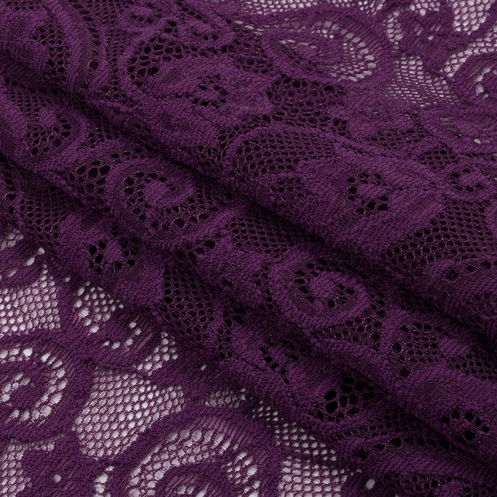 Purple Floral Scrolls Stretch Lace Trim with Scalloped Edges - 6.25"