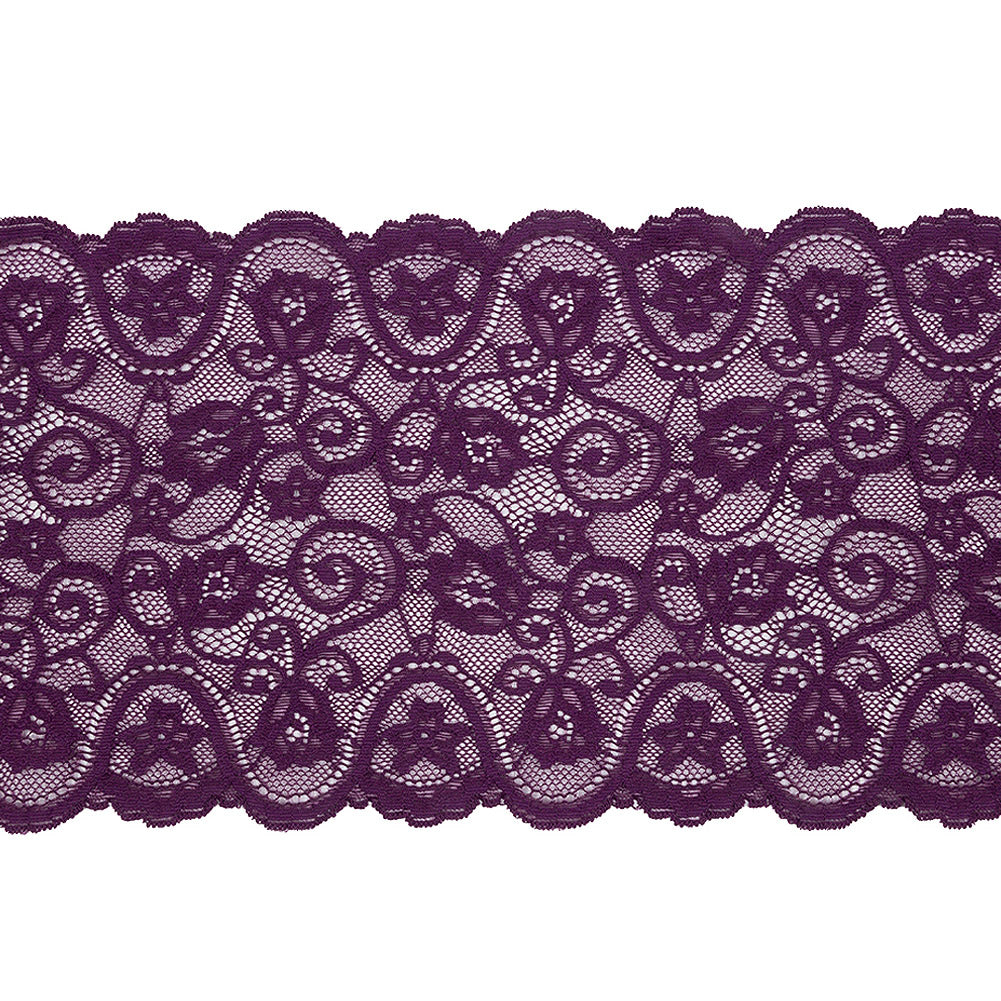 Purple Floral Scrolls Stretch Lace Trim with Scalloped Edges - 6.25"
