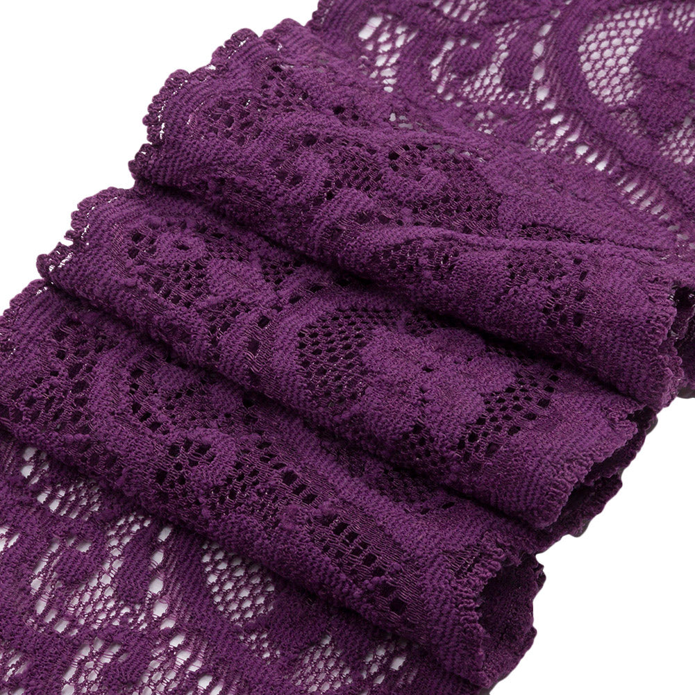 Purple Rose Floral Waves Stretch Lace Trim with Scalloped Edges - 2.875"