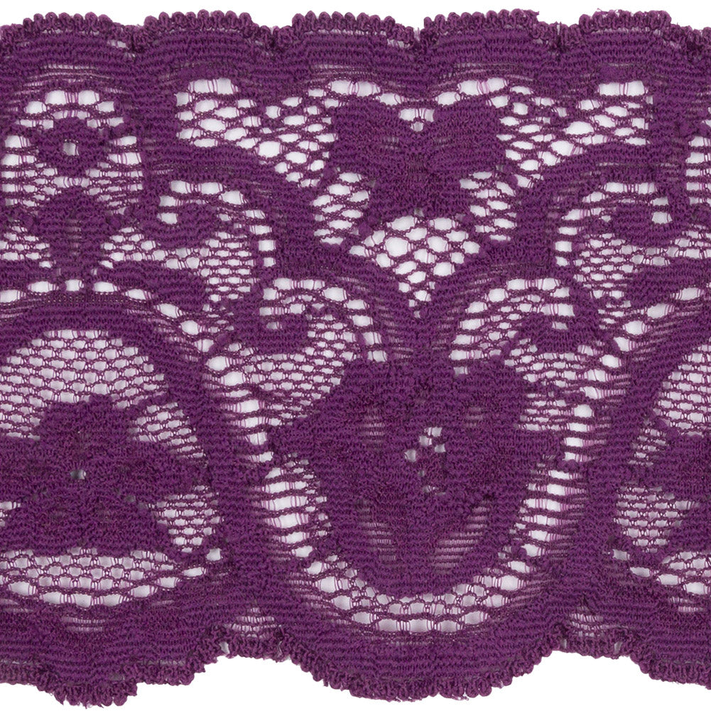 Purple Rose Floral Waves Stretch Lace Trim with Scalloped Edges - 2.875"