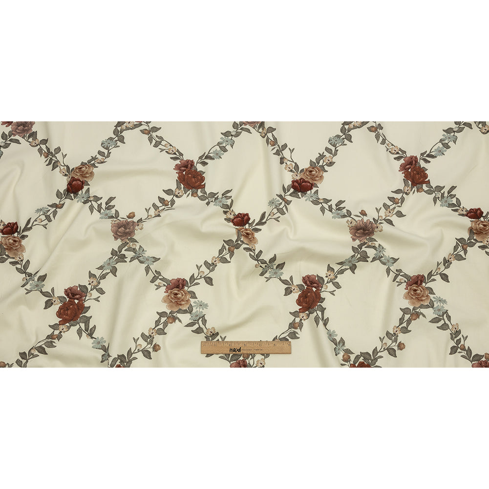 Brushed Stretch Cotton Twill Print - Cream, Green and Red Floral Lattice - Mood Exclusive Rose Above