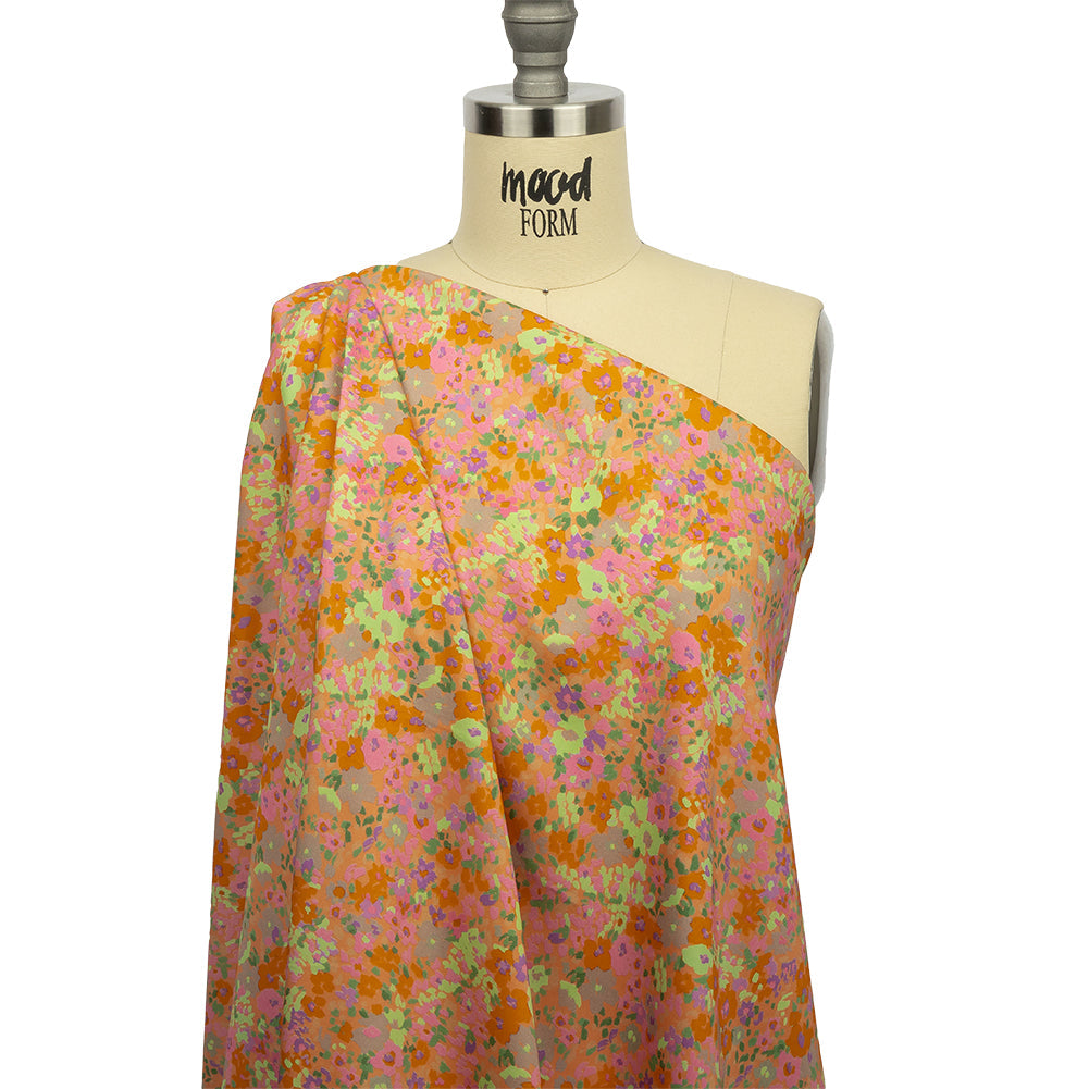 Stretch Cotton and Viscose Sateen Print - Pink and Orange Floral - Mood Exclusive Sunburst