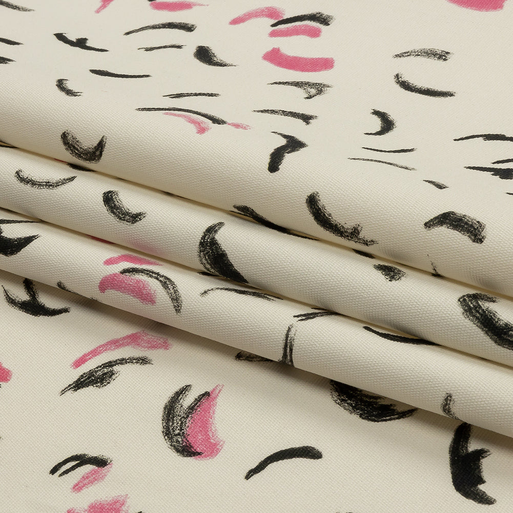 Stretch Cotton Canvas Print - White, Black and Pink Abstract Marks - Mood Exclusive Kindergarten Couture