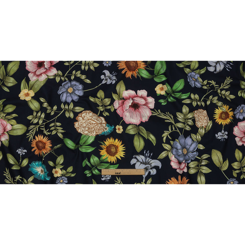 Stretch Cotton Canvas Print - Navy, Pink and Green Floral - Mood Exclusive Wonderland Garden