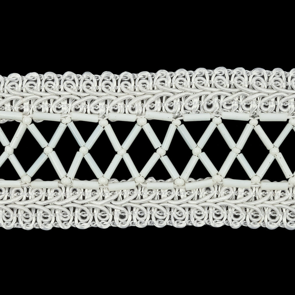 Vintage White and Ivory Lattice Window Rectangular Beaded and Braided Applique - 7.75" x 1.5"