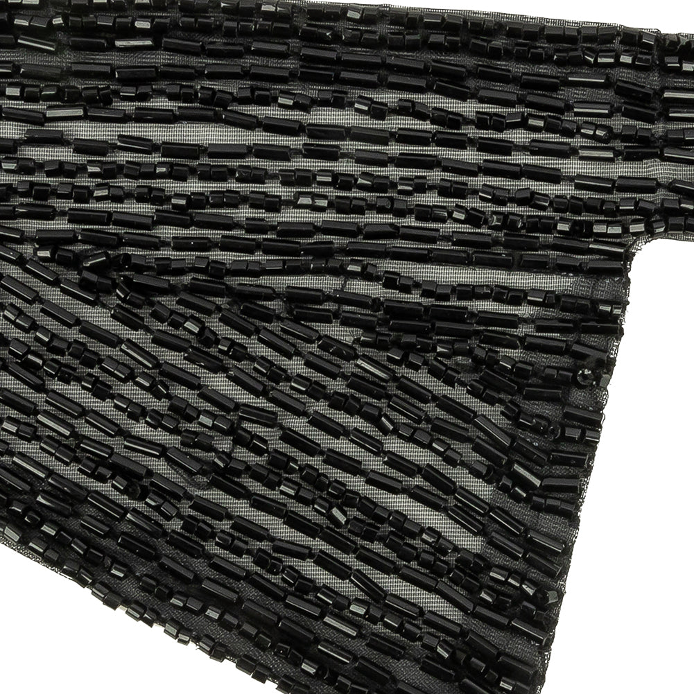 Vintage Black Geometric Glass Beaded Right Lapel Applique - 13" x 3.625"