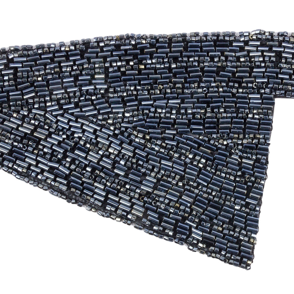 Vintage Gunmetal Geometric Glass Beaded Right Lapel Applique - 13" x 3.625"