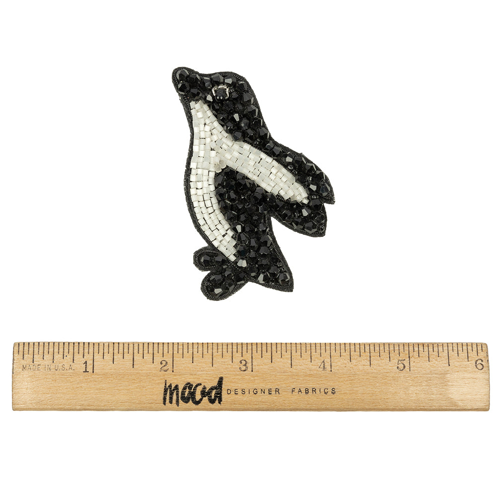 Black and Satin White Penguin Glass Beaded Applique - 3" x 1.88"