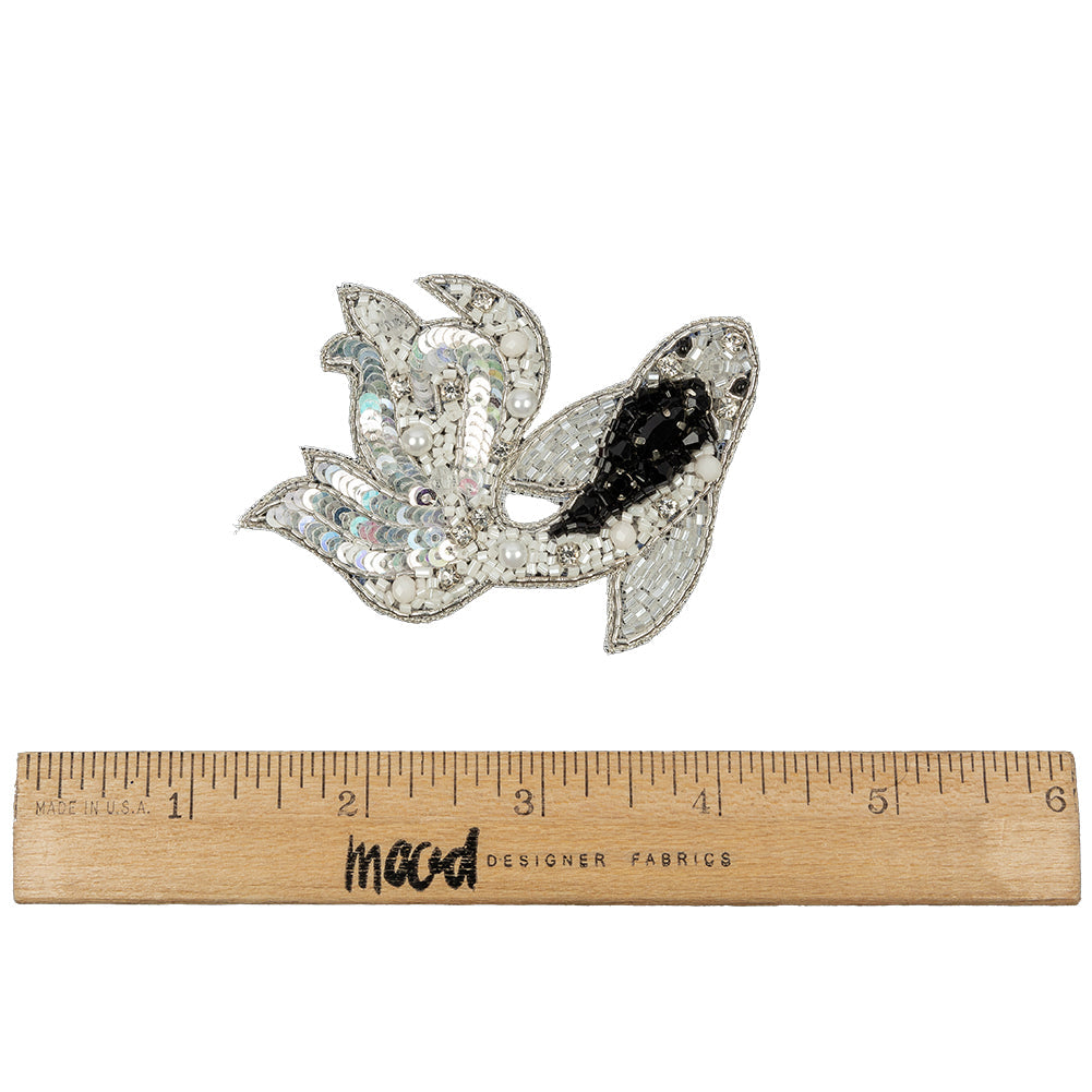 Black, White and Silver Fancy Fish Rhinestones, Sequins and Glass Beaded Applique - 2.625" x 3"